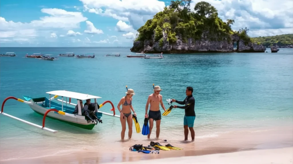 Tourists relaxing on the sandy shore at Crystal Bay Nusa Penida during West Tour with Snorkeling